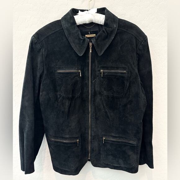 I.E | Black Genuine Leather Suede Relaxed Fit Zip Pockets Jacket | Large - Picture 1 of 8